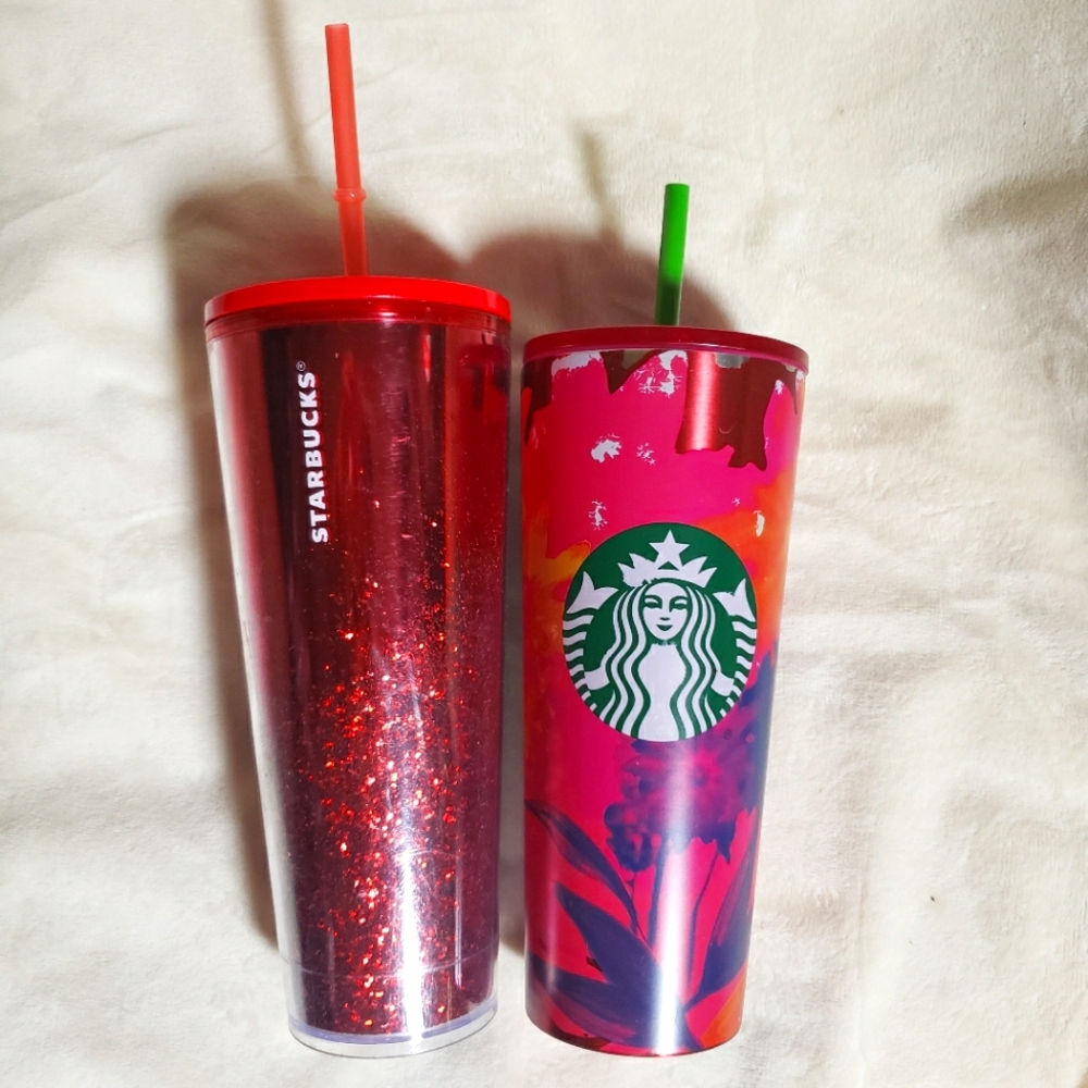 Starbucks cupsx2! Floral stainless 2022 & 2019 red glitter 24 oz venti